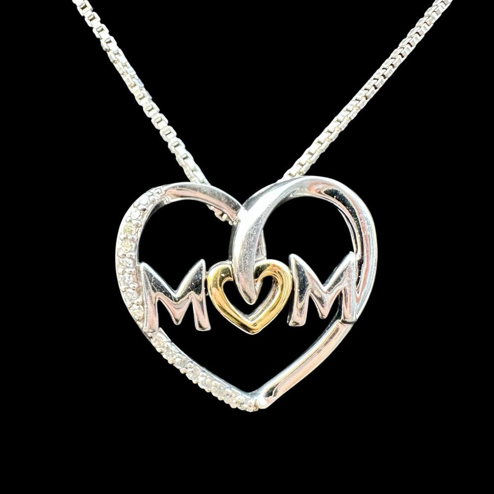 MOM Necklace Sterling Silver 14K Gold Mother Diamond Heart Pendant Chain 925 AV